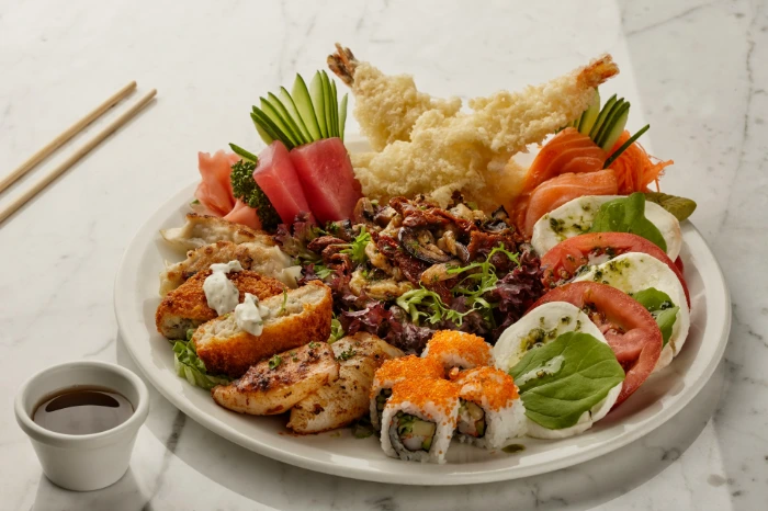 a white plate topped with lots of different types of food