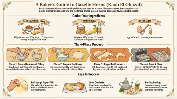 “A clean, modern cooking infographic showing 6 numbered steps for making Moroccan Gazelle Horns: 1) blanch and peel almonds, 2) grind almonds with sugar, 3) prepare and rest the dough, 4) roll very thin and add almond filling, 5) shape crescent and pierce holes, 6) bake until golden and glaze. White or light background, simple icons or small realistic mini‑photos for each step, English labels, suitable for a food blog or Pinterest pin.”