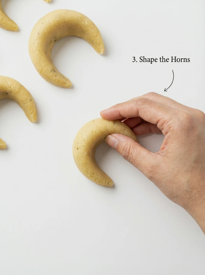 “A step‑by‑step style image showing how to shape Gazelle Horns: a thin rectangle of dough on the work surface, a small log of almond filling placed near one edge, then the dough folded over and curved into a crescent. Three small stages visible in one frame from left to right. Neutral background, soft light, clear instructional composition.”