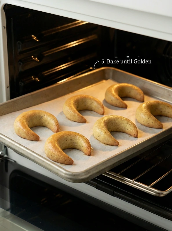 “A realistic image of a baking tray with Gazelle Horns pastries in the oven, just turning light golden. The oven door is half open, warm orange light coming from inside, showing the crescent shapes lined up evenly on parchment paper. Home‑baking style, cozy atmosphere.”