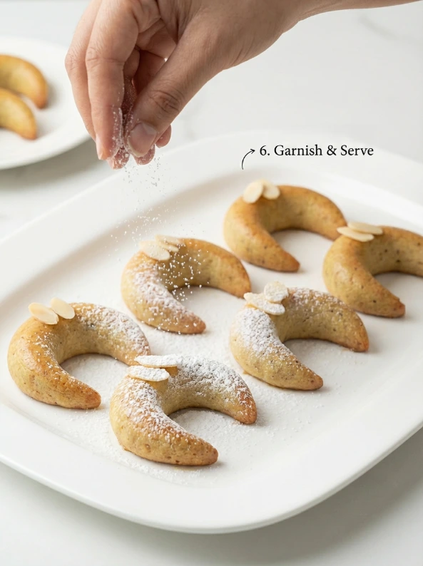 “A close‑up shot of freshly baked Gazelle Horns being brushed with a light glaze made from egg white, powdered sugar and orange blossom water. A small brush in hand gently glazing the top of a warm pastry; a small bowl with the glaze mixture nearby. Soft natural light, high detail on the shine and texture.”