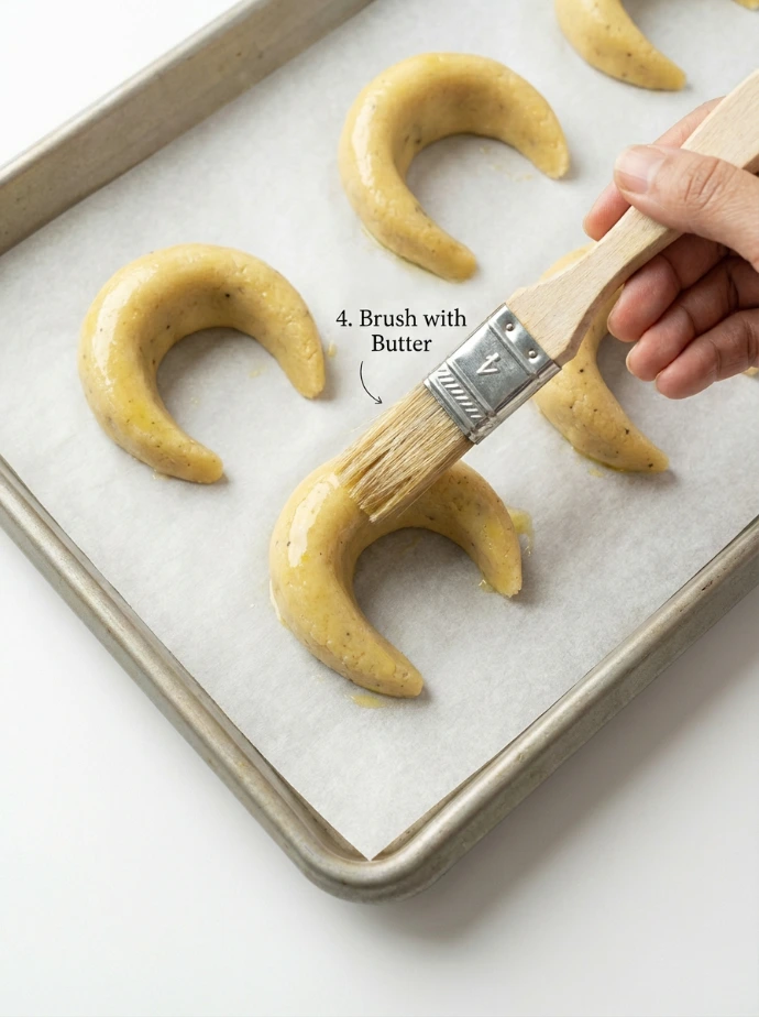 A close‑up shot of freshly baked Gazelle Horns being brushed with a light glaze made from egg white, powdered sugar and orange blossom water. A small brush in hand gently glazing the top of a warm pastry; a small bowl with the glaze mixture nearby. 